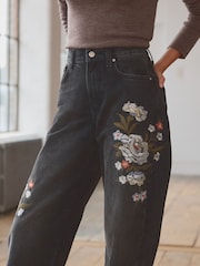 Black Embroidered Wide Leg 100% Cotton Jeans - Image 6 of 9