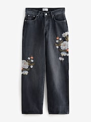 Black Embroidered Wide Leg 100% Cotton Jeans - Image 7 of 9