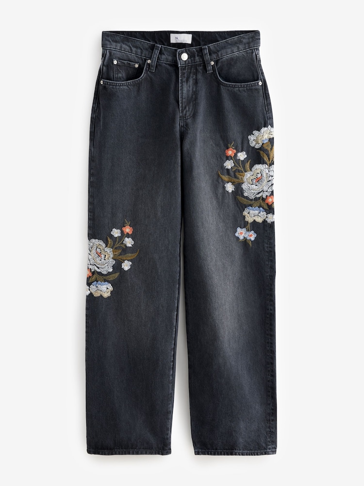 Buy Black Embroidered Wide Leg 100% Cotton Jeans from Next Oman