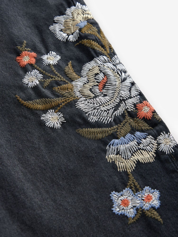 Black Embroidered Wide Leg 100% Cotton Jeans - Image 9 of 9