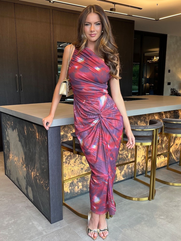 AX Paris Red Tie Dye Print One Shoulder Knot Skirt Mesh Midi Dress - Bild 1 von 4 AX Paris Red Tie Dye Print One Shoulder Knot Skirt Mesh Midi Dress - Bild 1 von 4