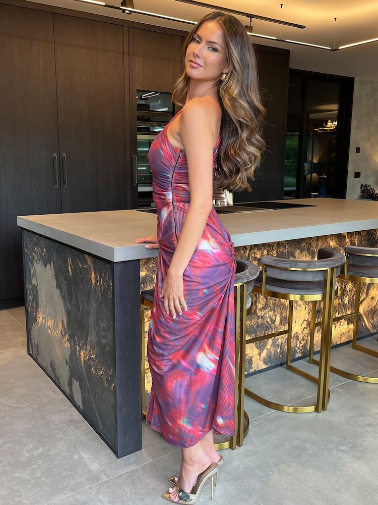 AX Paris Red Tie Dye Print One Shoulder Knot Skirt Mesh Midi Dress - Image 4 of 4