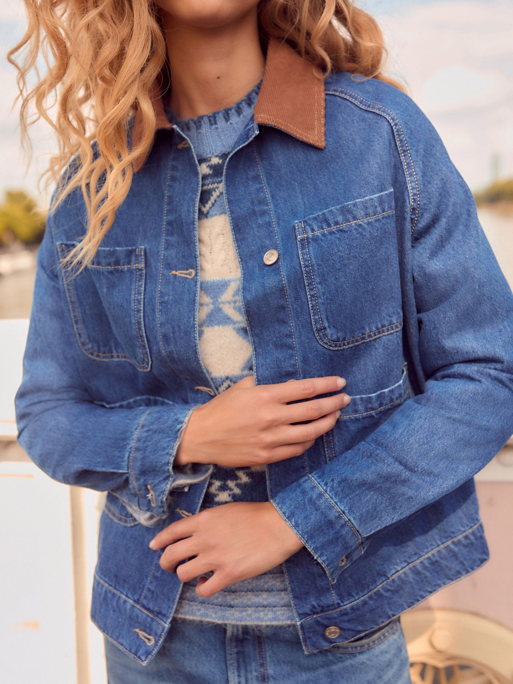 Buy Dark Blue Four Pocket Corduroy Collar Denim Jacket from