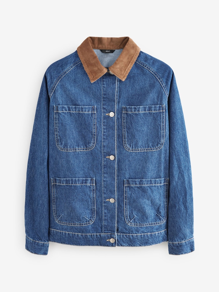 Dark Blue Four Pocket Corduroy Collar Denim Jacket - Image 5 of 7