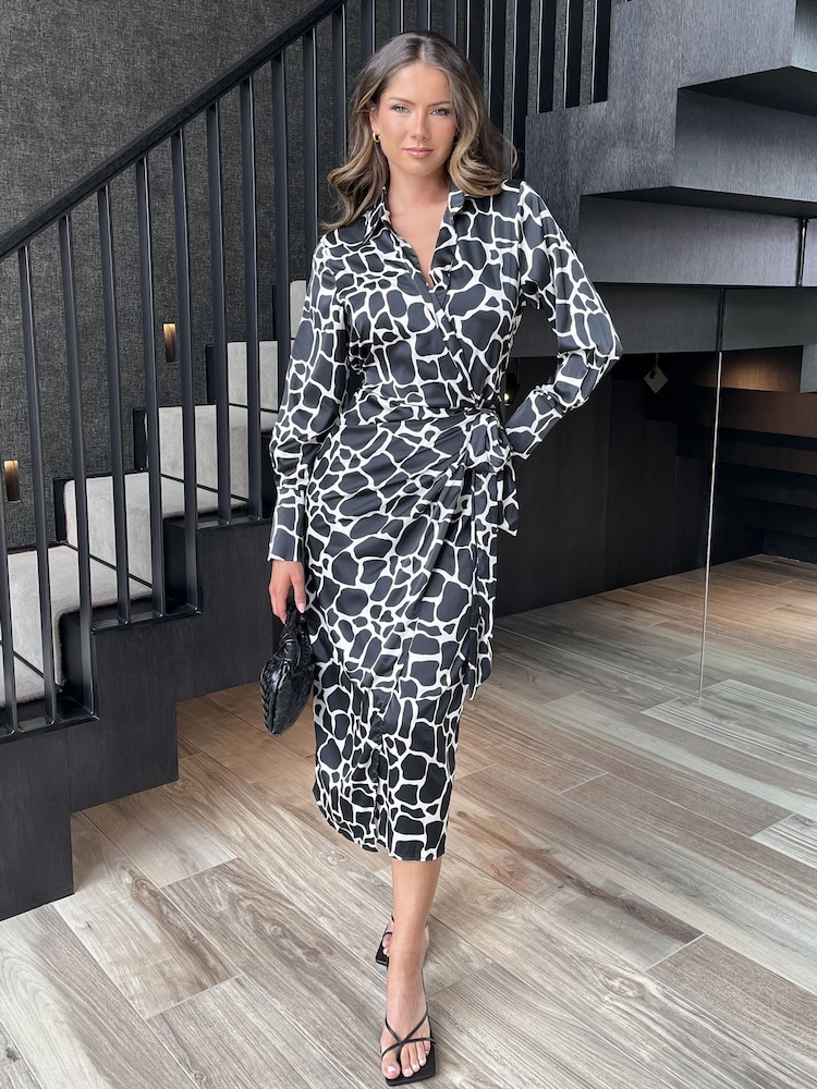 AX Paris Giraffe Print Side Tie Waist Wrap Black Midi Dress - Image 1 of 4