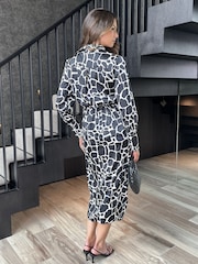 AX Paris Giraffe Print Side Tie Waist Wrap Black Midi Dress - Image 2 of 4