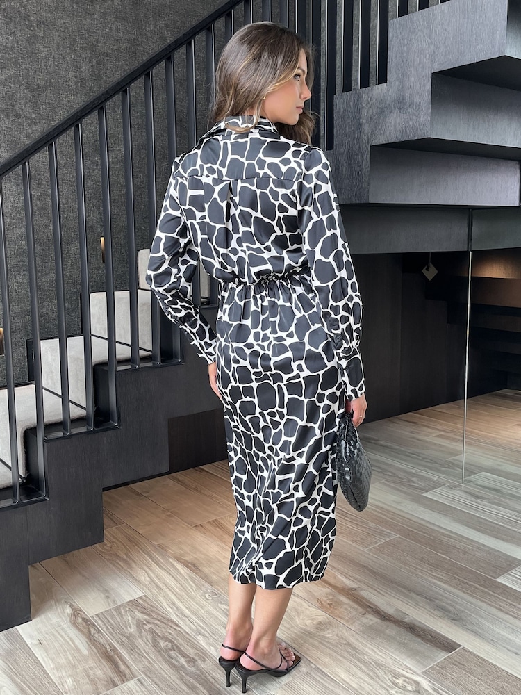 AX Paris Giraffe Print Side Tie Waist Wrap Black Midi Dress - Image 2 of 4