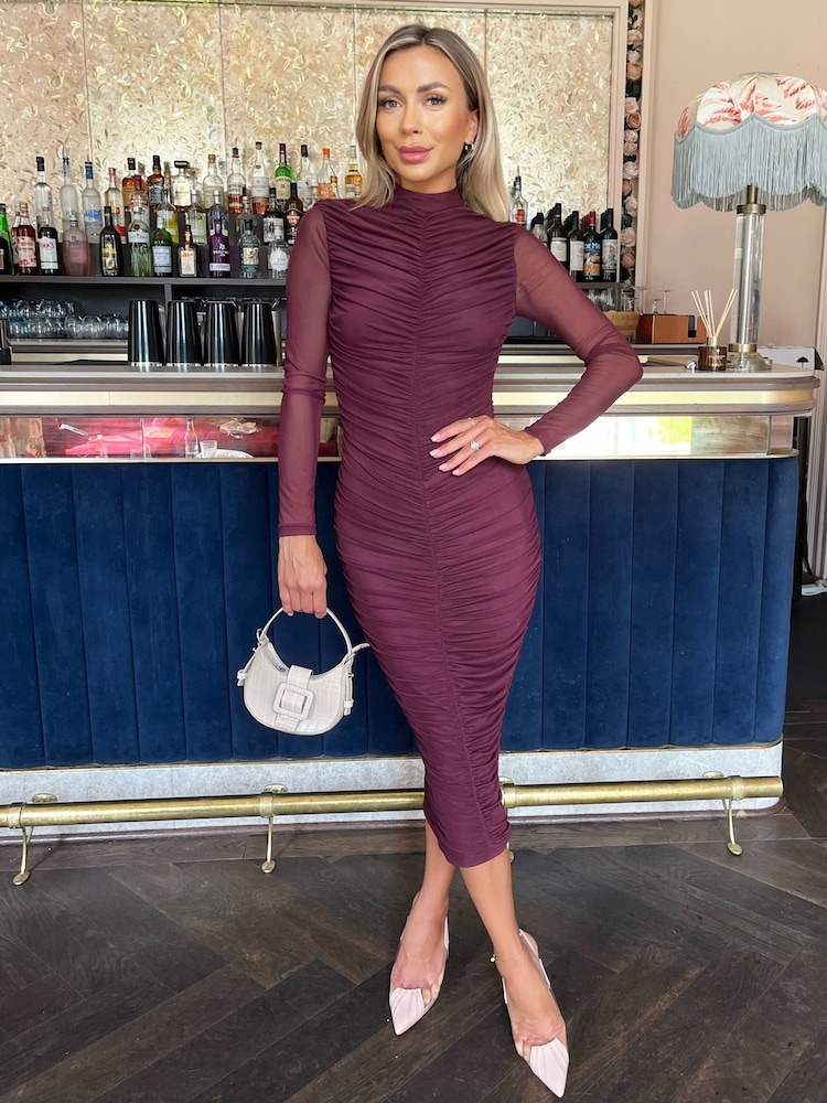 AX Paris High Neck Long Sleeve Ruched Bodycon Mesh Midi Dress - Image 1 of 4