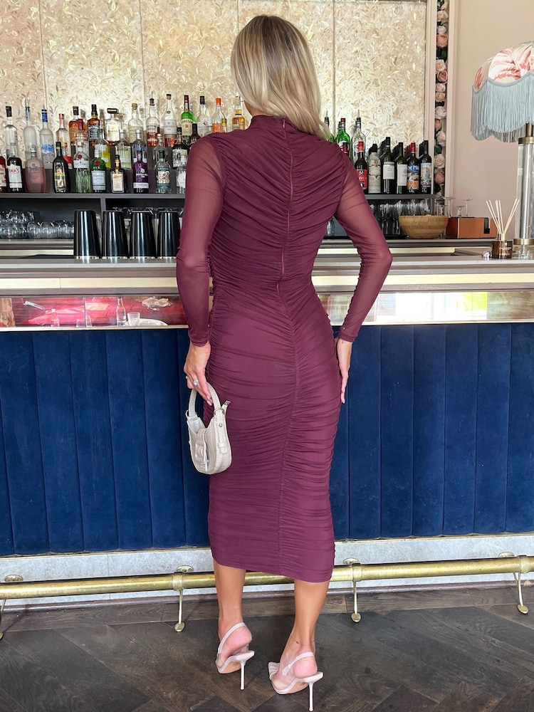 AX Paris High Neck Long Sleeve Ruched Bodycon Mesh Midi Dress - Image 2 of 4 AX Paris High Neck Long Sleeve Ruched Bodycon Mesh Midi Dress - Image 2 of 4