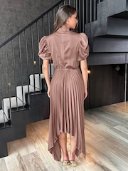 AX Paris High Neck Puff Sleeve Zig Zag Hem Pleated Midi Dress - Image 2 of 4
