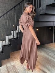 AX Paris High Neck Puff Sleeve Zig Zag Hem Pleated Midi Dress - Image 4 of 4