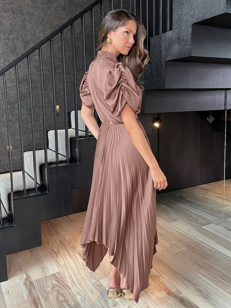 AX Paris High Neck Puff Sleeve Zig Zag Hem Pleated Midi Dress - Image 4 of 4