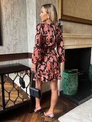 AX Paris Abstract Print Long Sleeve Pleated Shoulder Black Mini Dress - Image 2 of 4
