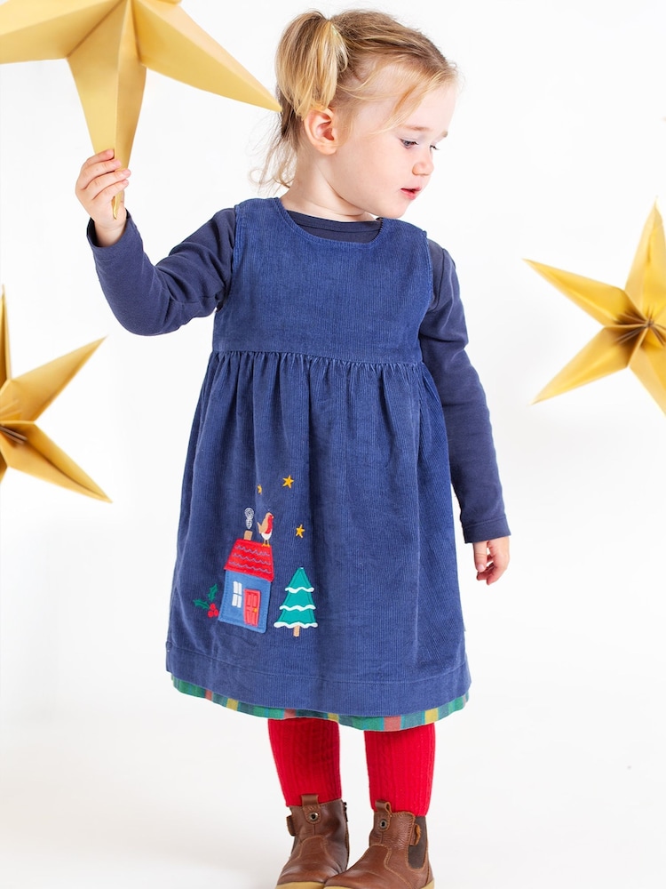 Frugi Girls Blue Reversible Corduroy Dress - Image 1 of 6 Frugi Girls Blue Reversible Corduroy Dress - Image 1 of 6