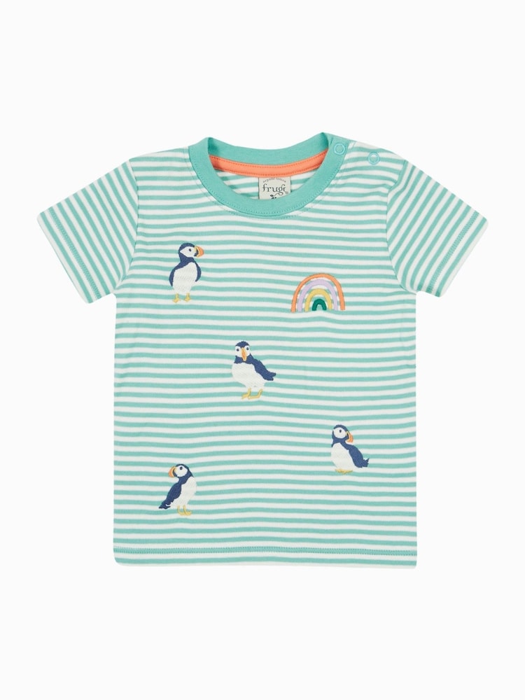 Frugi Green Stripe Puffin Embroided T-Shirt - Image 1 of 3