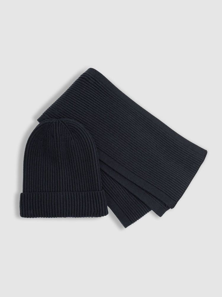 Reiss Navy Chesterfield Set Ribbed Hat and Scarf Set - Image 1 of 4