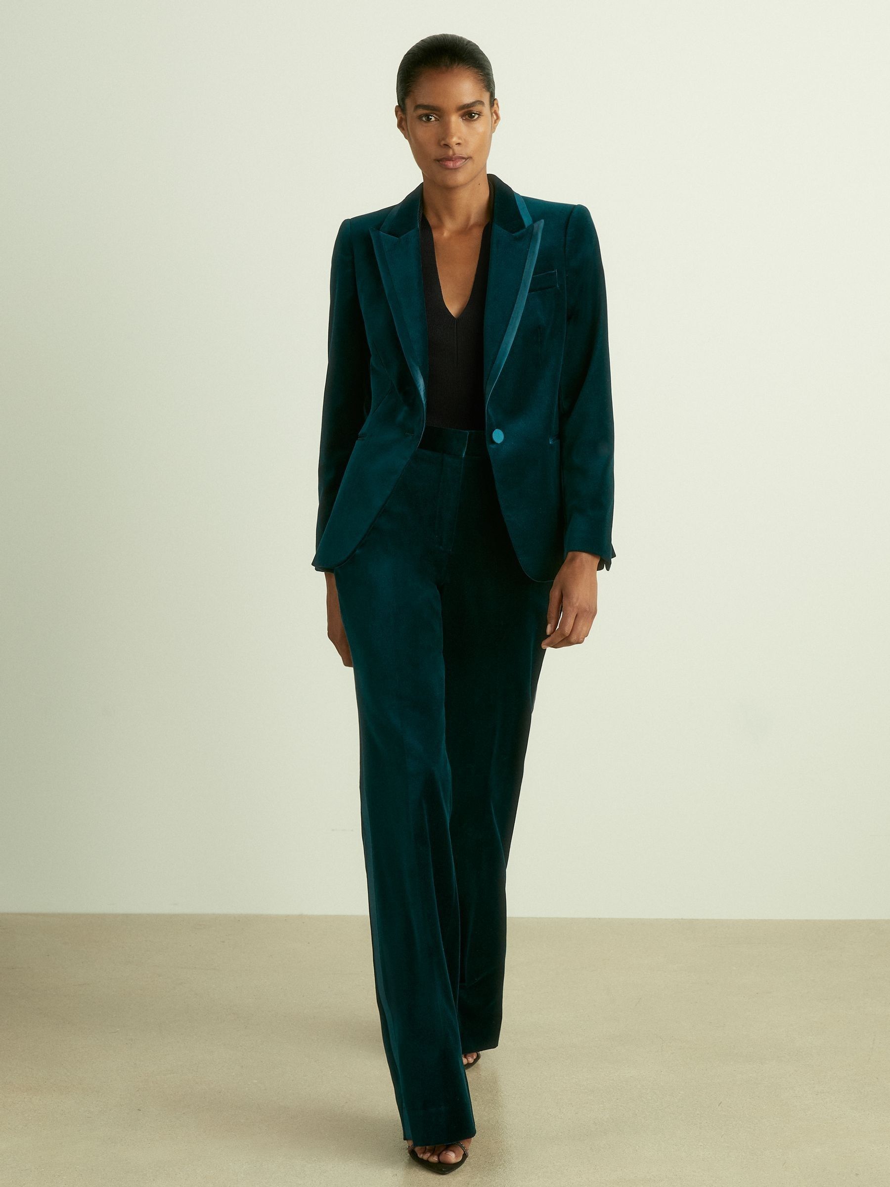 Reiss Teal Velvet Flared Suit Trousers In Blue