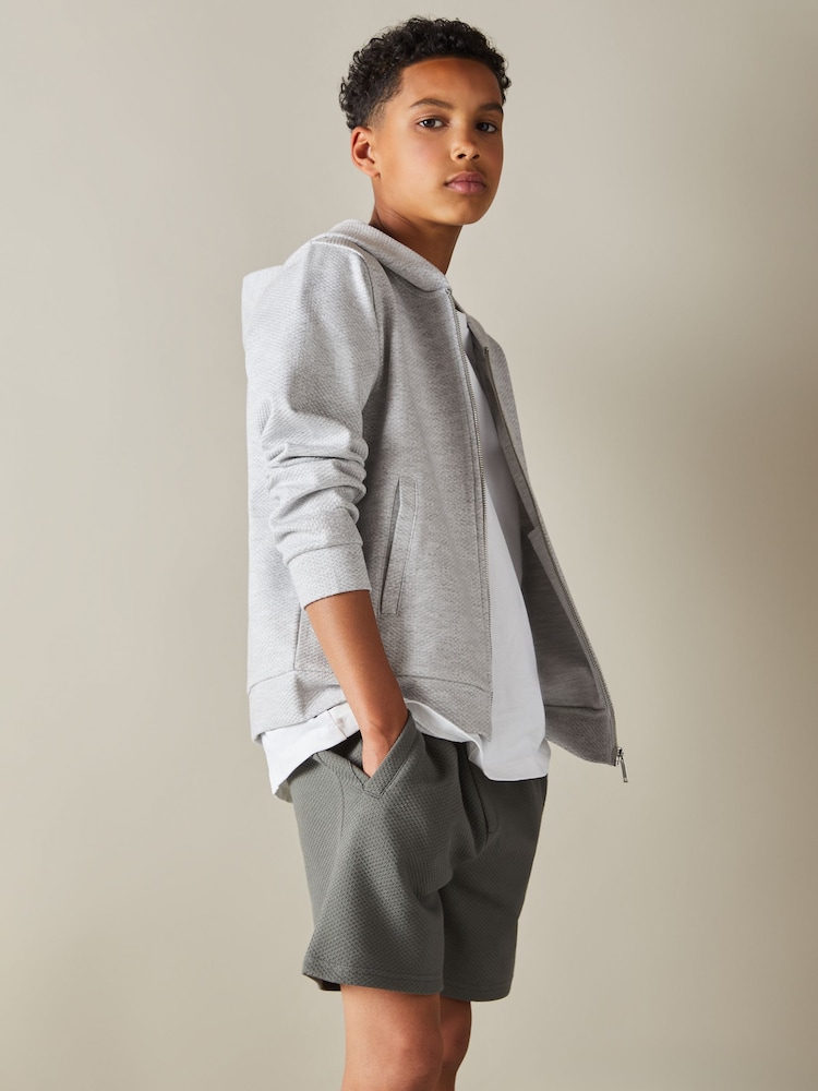 Reiss Grey Melange Vark 9-13 yrs Cotton Blend Textured Zip-Front Hoodie - Image 1 of 4