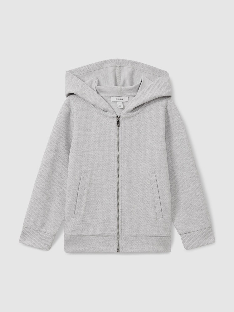 Reiss Grey Melange Vark 9-13 yrs Cotton Blend Textured Zip-Front Hoodie - Image 2 of 4