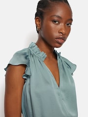 Jigsaw Green Recycled Satin Frill Neck Top - Image 2 of 7