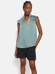 Jigsaw Green Recycled Satin Frill Neck Top - Image 6 of 7