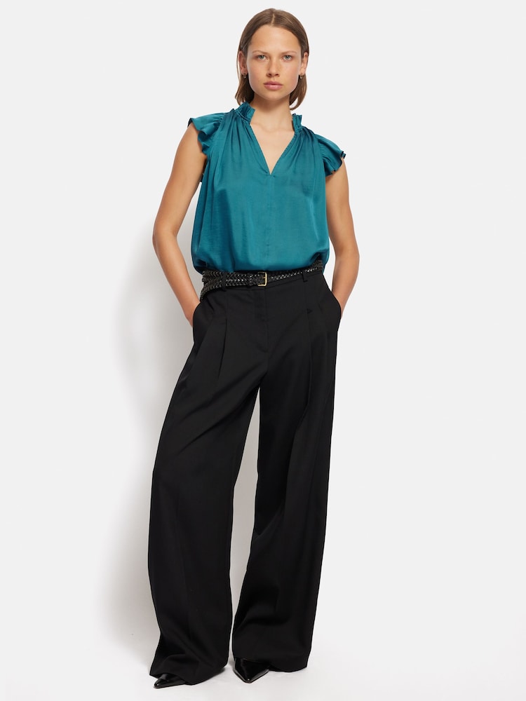 Jigsaw Blue Recycled Satin Frill Neck Top - Image 1 of 7