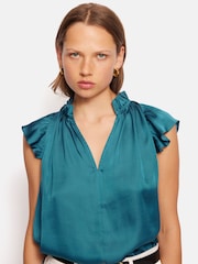 Jigsaw Blue Recycled Satin Frill Neck Top - Image 4 of 7