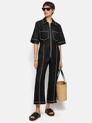 Jigsaw Black 100% Linen Contrast Stitch Jumpsuit - Image 1 of 7