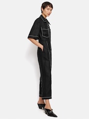 Jigsaw Black 100% Linen Contrast Stitch Jumpsuit - Image 2 of 7