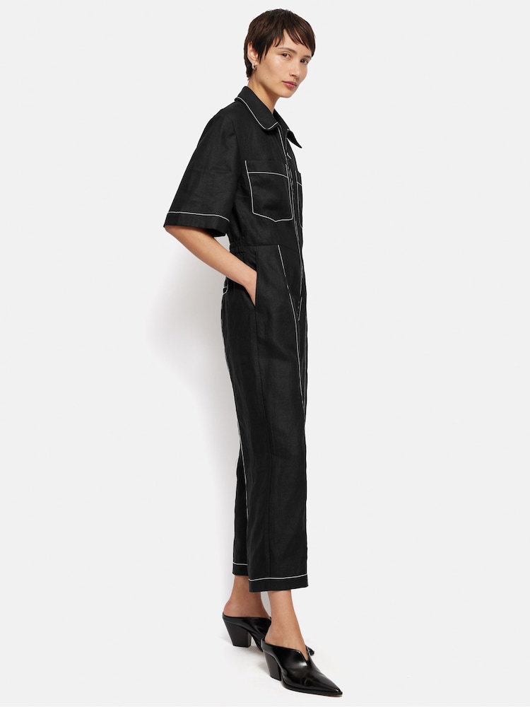 Jigsaw Black 100% Linen Contrast Stitch Jumpsuit - Image 2 of 7