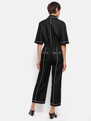 Jigsaw Black 100% Linen Contrast Stitch Jumpsuit - Image 3 of 7