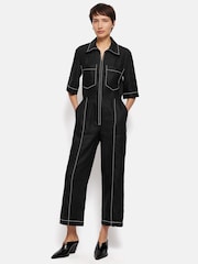 Jigsaw Black 100% Linen Contrast Stitch Jumpsuit - Image 4 of 7