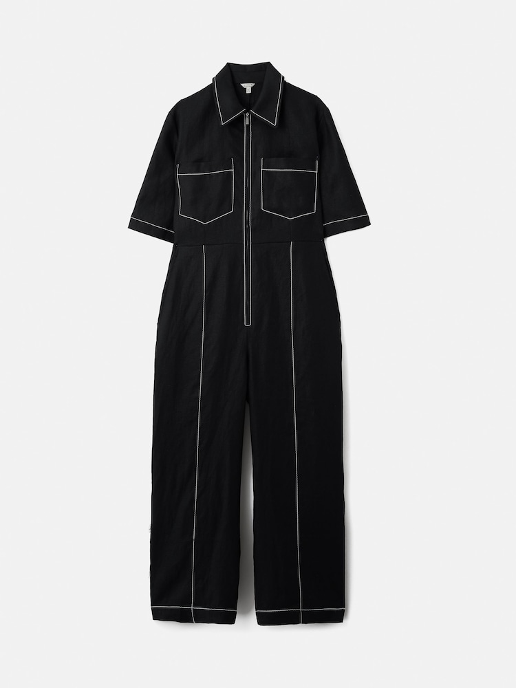 Jigsaw Black 100% Linen Contrast Stitch Jumpsuit - Image 7 of 7