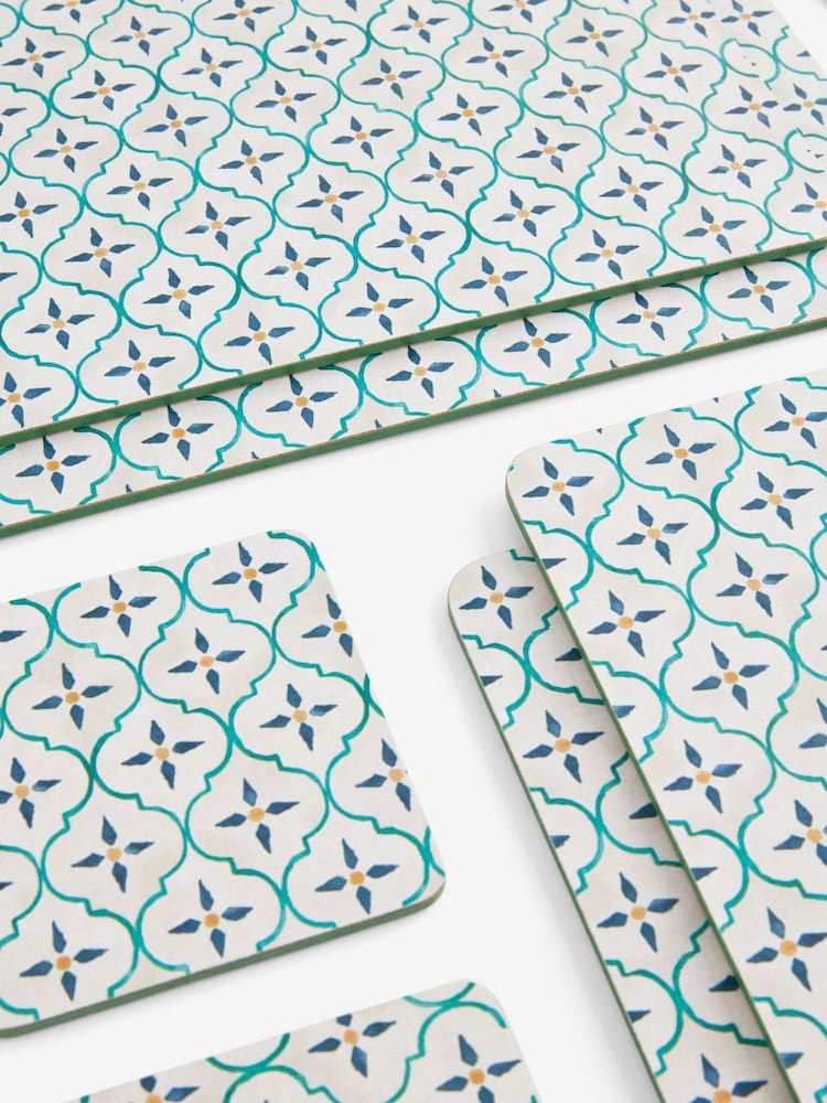 Set of 4 Teal Blue Mediterranean Tile Placemats and Coasters - Image 3 of 4
