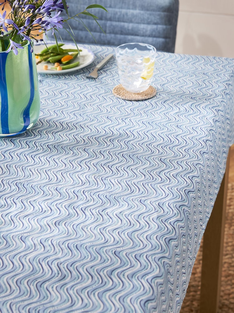 Blue 100% Cotton Wave Geo Wipe Clean Tablecloth - Image 1 of 3 Blue 100% Cotton Wave Geo Wipe Clean Tablecloth - Image 1 of 3