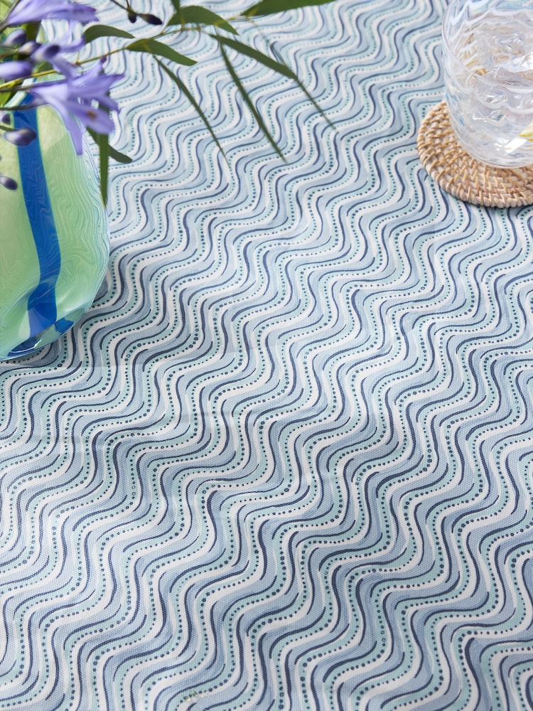 Blue 100% Cotton Wave Geo Wipe Clean Tablecloth - Image 2 of 3