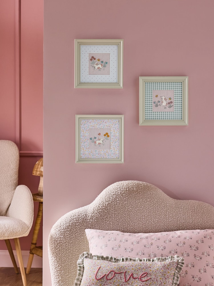 Jojo Maman Bébé Set of 3 Pink/Cream Embroidered Betsy Bunny Meadow Wall Art - Image 1 of 4