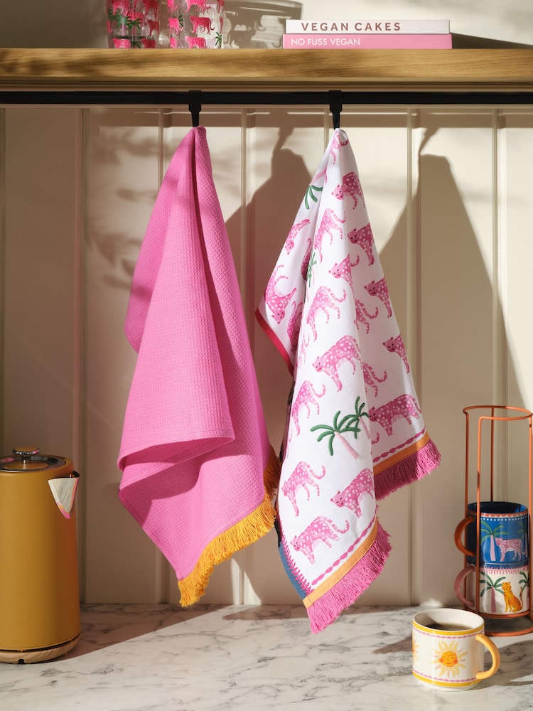 Set of 2 Embroidered Tropical Leopard Tea Towels - Bild 1 von 3 Set of 2 Embroidered Tropical Leopard Tea Towels - Bild 1 von 3