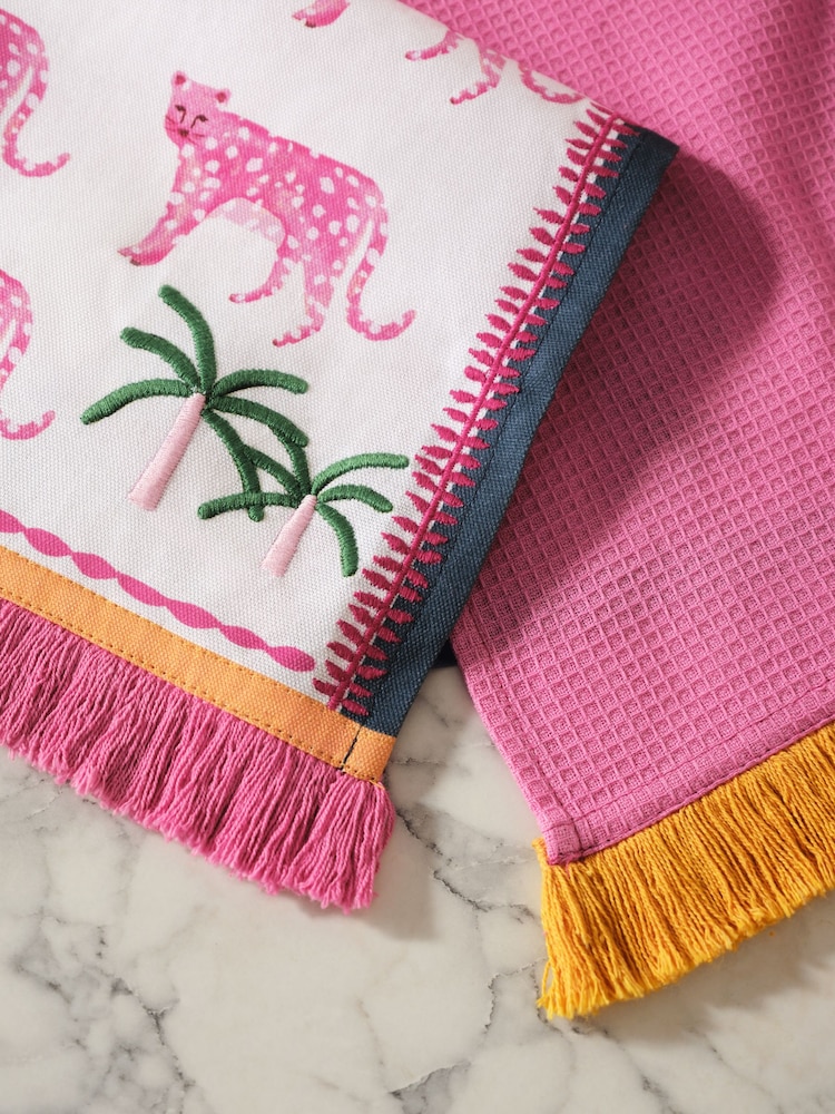 Set of 2 Embroidered Tropical Leopard Tea Towels - Bild 2 von 3 Set of 2 Embroidered Tropical Leopard Tea Towels - Bild 2 von 3