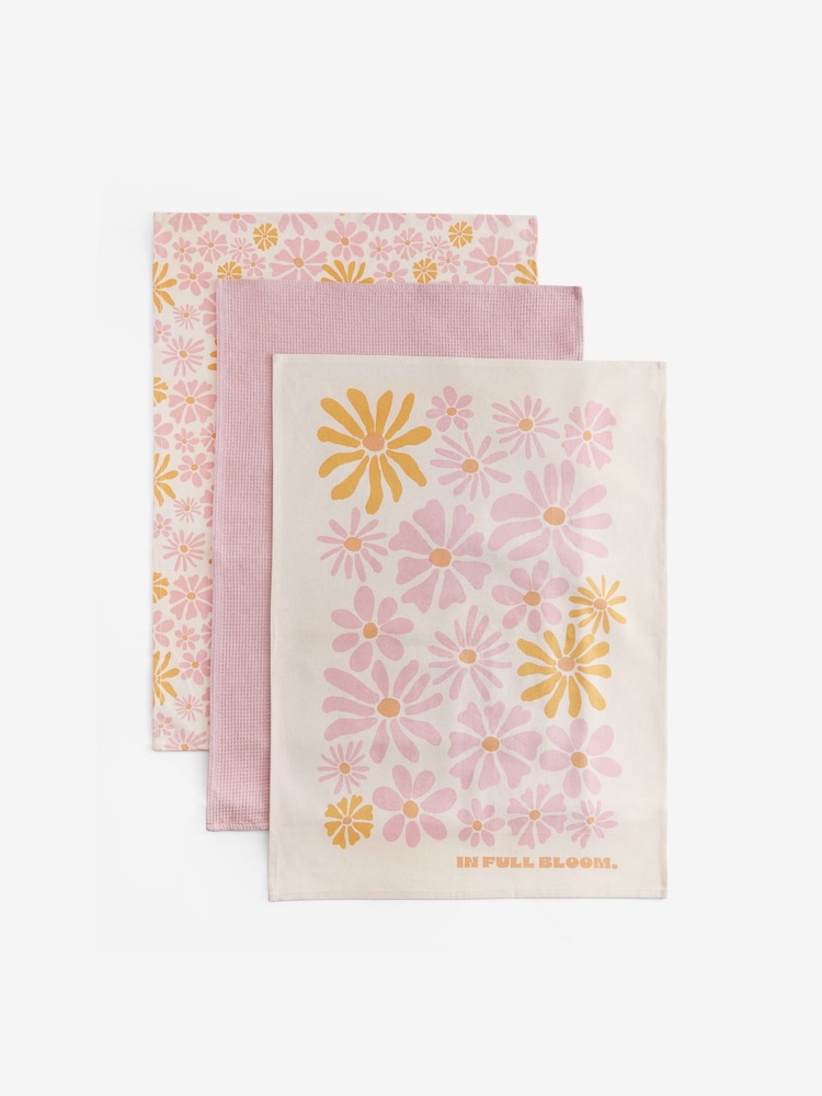 Set of 3 Pink 100% Cotton Gracie Floral Tea Towels - Image 1 of 4