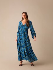 Ro&Zo – blaues Kleid mit geraffter Taille mit floralem Print - Bild 1 von 4