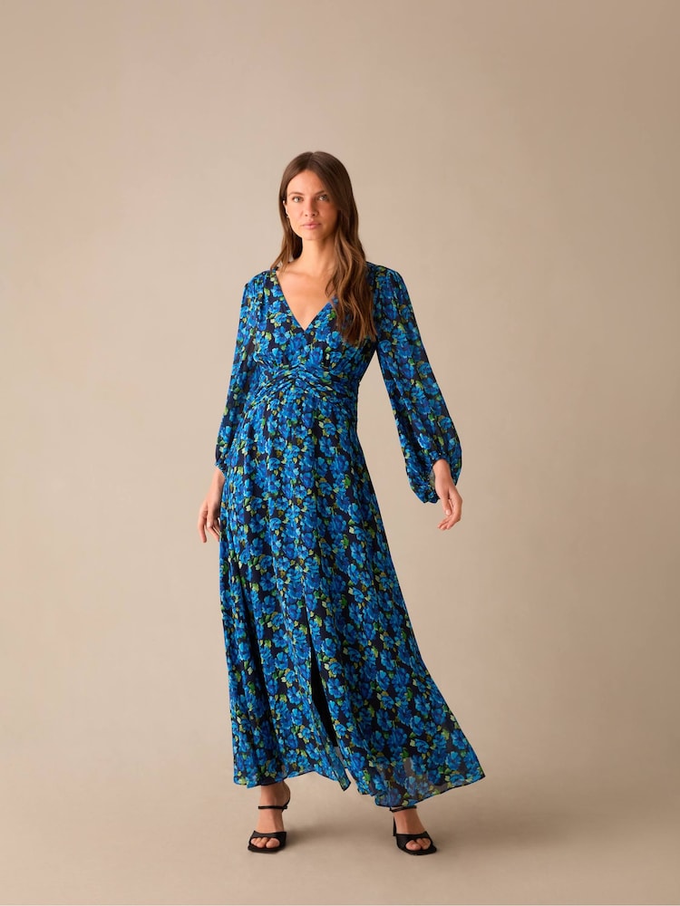 Ro&Zo – blaues Kleid mit geraffter Taille mit floralem Print - Bild 1 von 4