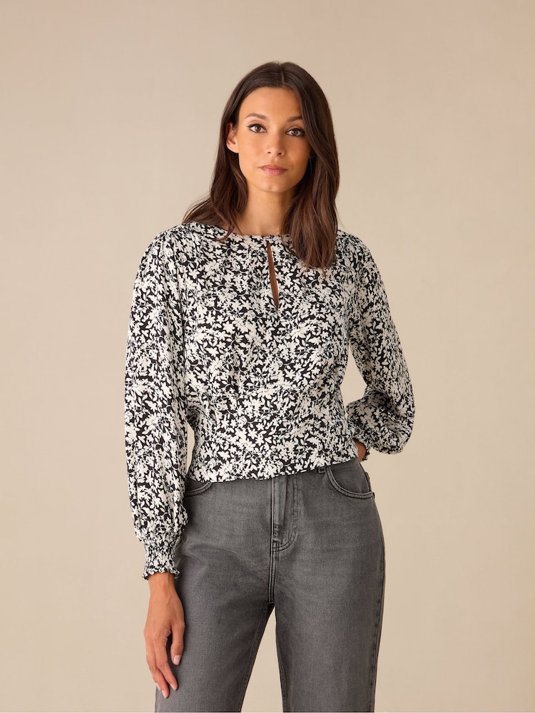 Ro&Zo Black Mono Floral Print Keyhole Front Blouse - Image 1 of 5