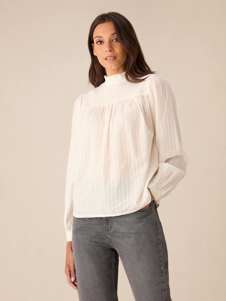 Ro&Zo Ivory White Shirred Neck 100% Cotton Blouse - Image 1 of 4
