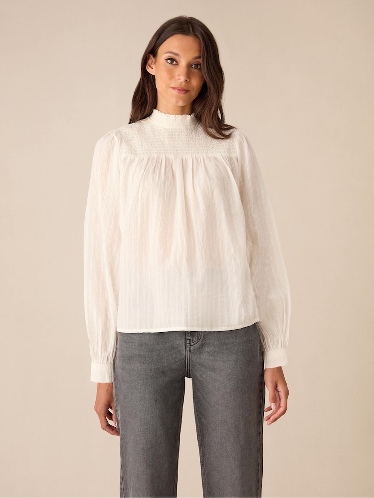 Ro&Zo Ivory White Shirred Neck 100% Cotton Blouse - Image 2 of 4