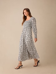 Ro&Zo Black Petite Mono Floral Print Shirred Midaxi Dress - Image 1 of 4
