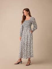 Ro&Zo Black Petite Mono Floral Print Shirred Midaxi Dress - Image 2 of 4