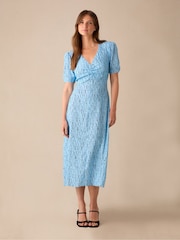 Ro&Zo Blue Petite Ro&Zo Blue Dash Print Ruched Front Midi Dress - Image 1 of 4