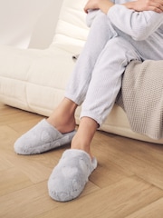 Grey Carved Heart Faux Fur Carved Heart Mule Slippers - Image 1 of 8