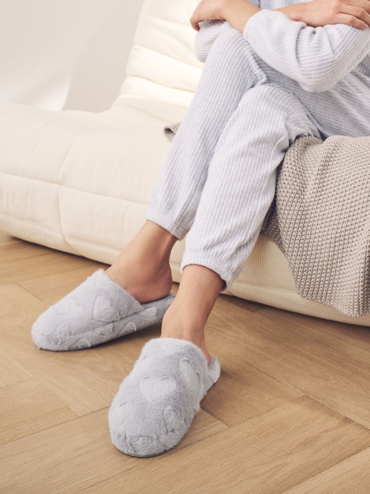 Grey Carved Heart Faux Fur Carved Heart Mule Slippers - Image 1 of 8